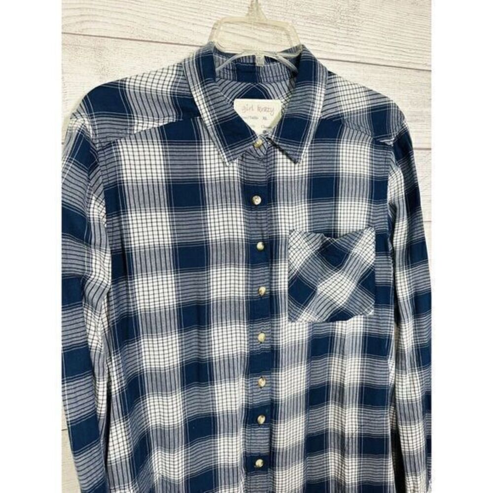 Girl Krazy XL Classic Blue‎ White  Plaid Button Up Long Sleeve Woman's